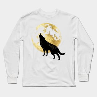 Wolf in front of golden moon Long Sleeve T-Shirt